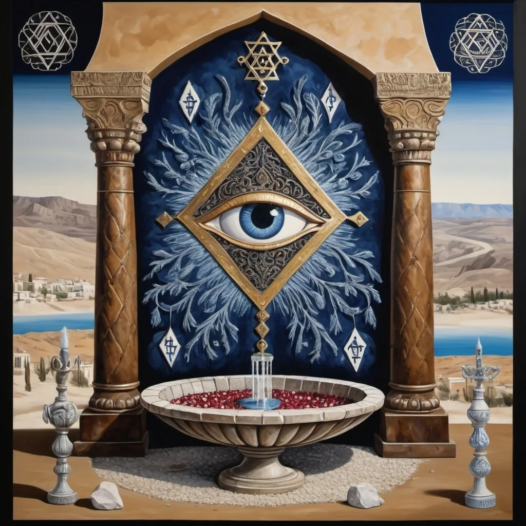 Prompt: elaborate painting embroided dark blue modest fringed spiritual shield with eye fringes white with jewish symbols on jewish women meditating fringes, torah ark covering, smoke and steam coming from pottery ,meditation, , elaborate, eye, jewish, crystals growing, detailed, incense embroided, black jewish stripes and fringes and on women fringes, big columns, brown leather , in Jerusalem and dead sea, detailed holy valves,, hebrew crystals, fountain jewish symbols, ancient civilization, shield and sword, jewish art, fringes, flowers, cultic, rituals, dead sea view, mikve, fountain, visual illusions, spring pool, sunny day, menorah, illusion, hypnotic, gemstones, sculpture, biblical immersion pool, crystals, female warrior, praying jews, pomegranate tree, ,next to the dead sea, landscape view,, in the style of a surrealist Salvador Dali painting, in the style of a magritte painting
