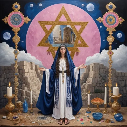 Prompt: elaborate surealism ruby klimt painting, embroided dark blue fringed spiritual jewelry fringes white with jewish symbols on two brown skinned mizrahi jewish women flying laying holding hands, magic fringes jewish cotton bandana, knives and spears floating in the pink sky, rainy day, leather sandals, swords and bow and arrow with eyes, golden foot link, geologic wild growing crystals, eyes torah ark covering, fringed striped skirt, smoke and steam coming from sculpture,alchemist, floating crown, painting, sky is pink, elaborate, davids slung, lapiz lazuli table, amethyst, eyes, jewish, two women floating in space, crystals growing, detailed, standing on in jerusalem hill, incense embroided, black jewish clothing stripes and fringes and on 2 women, blue and white linen with fringes, prayer shawl, in Jerusalem and dead sea, detailed holy valves, hebrew crystals, torah scroll, fountain jewish symbols, curly hair olive skin, ancient civilization, jewelry, shabbat dinner table, levitating, menorah, 2 women supporting each-other feminism, glitter, shining art, jewish art, fringes, flowers, cultic, rituals, dead sea view, visual illusions, spring pool, rain, menorah, torah scroll, illusion, jewish stars, smoke, hypnotic, gemstones, sculpture, biblical, clouds, crystals, warrior, praying jews, ancient mound, mystery, next to the dead sea, landscape view,, in the style of a surrealist painting, in the style of klimt painting
