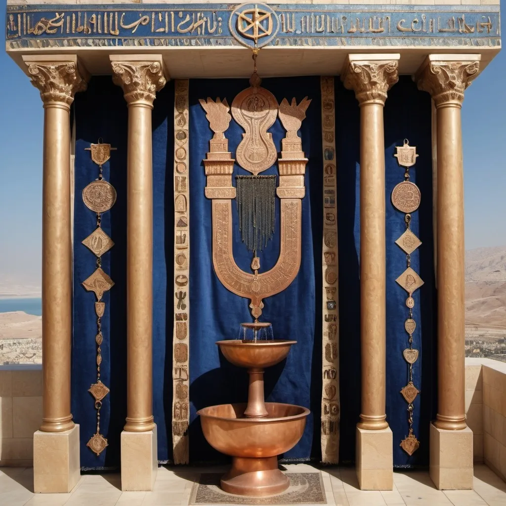 Prompt: elaborate embroided dark blue modest fringed dusty fringes white dress with jewish symbols on jewish women, torah ark covering, olive skin, elaborate, detailed, fruits and hebrew calligraphy embroided,  blue jewish stripes and fringes and  on women, big columns, brown leather ,  in Jerusalem and dead sea, detailed holy valves, copper menorah, hebrew jewel crystals, copper fountain jewish symbols, ancient civilization, 5 menorahs on the floor jewish art, fringes, fig tree, flowers, cultic, rituals, a papyrus scroll, dead sea view, mikve, fountain, spring pool, sunny day, gemstones, biblical immersion pool, female warrior, sofas, praying jews, pomegranate tree, ,next to the dead sea, landscape view,, in the style of a 19th century european realist painting
