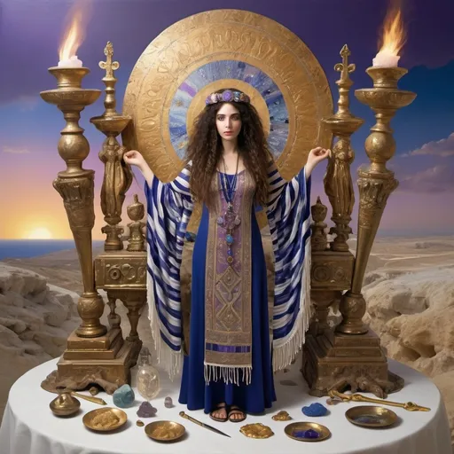 Prompt: elaborate surealism bronze klimt painting, embroided dark blue fringed spiritual jewelry fringes white with jewish symbols on two brown skinned mizrahi jewish women flying working, magic fringes jewish symbols scrolls, knives and spears floating in the purple sunset sky, rainy day, leather sandals, swords and bow and arrow with eyes, golden foot link, geologic wild growing crystals, eyes torah ark covering, fringed striped skirt, smoke and steam coming from sculpture,alchemist, floating crown, painting, sky is pink elaborate, davids slung, lapiz lazuli pillars, amethyst, eyes, jewish, two women floating in space, crystals growing, detailed, standing on in jerusalem hill, incense embroided, black jewish clothing stripes and fringes and on 2 women, blue and white linen with fringes, prayer shawl, in Jerusalem and dead sea, jupiter, detailed holy valves, hebrew crystals, torah scroll, fountain jewish symbols, curly hair olive skin, ancient civilization, jewelry, shabbat dinner table, levitating, menorah, 2 women supporting each-other feminism, glitter on table, shining art, jewish art, ancient temples, fringes, flowers, cultic, rituals, dead sea view, visual illusions, spring pool, meteor, menorah, torah scroll, illusion, jewish stars, smoke, hypnotic, gemstones, women dancing, sculpture, biblical, clouds, crystals, warrior, praying jews, ancient mound, mystery, next to the dead sea, landscape view, in the style of a surrealist painting, in the style of klimt painting
