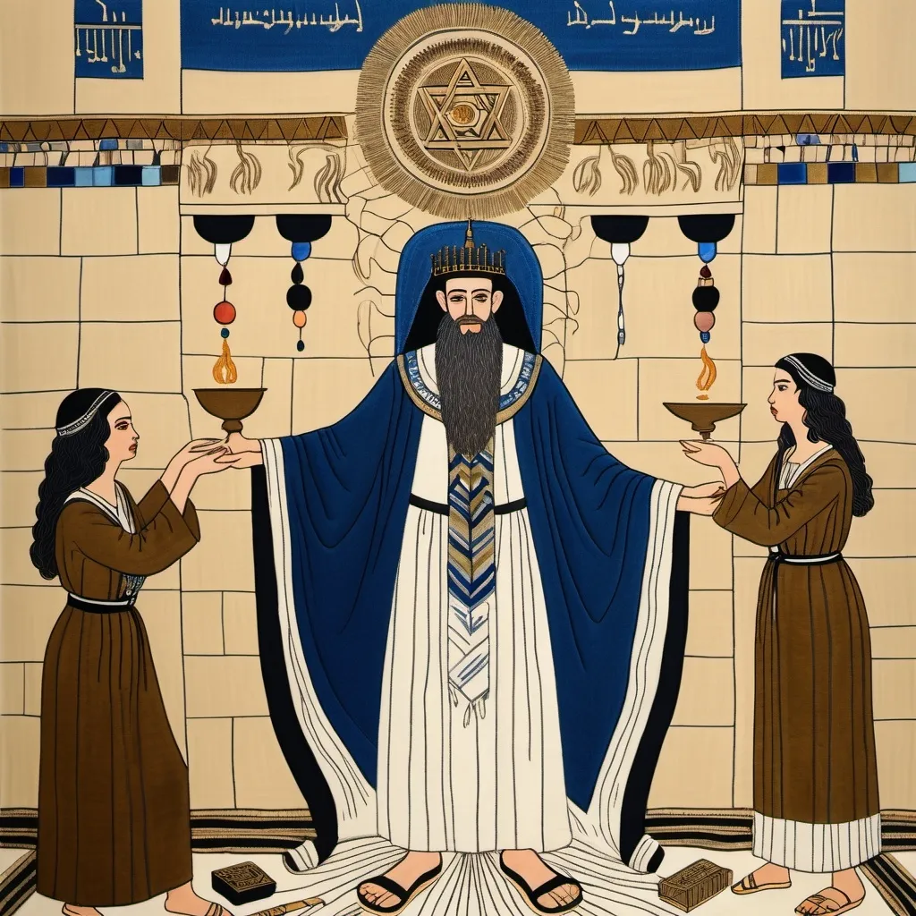 Prompt: elaborate embroided dark blue modest fringed dusty white dress with jewish symbols, torah ark covering, olive skin unhappy jewish couple with headwrap, kippa,  and dark curly hair, jewish sidelocks, clothes with blue jewish stripes and fringes and black leather bands, brown leather sandals, man and woman is in jerusalem detailed holy valves dark wood gold fountain jewish symbols menorah,  ancient civilization, jewish art, fringes, holding 7 armed candle menorah in hands, cultic, rituals, holding a papyrus scroll, mikve, fountain, spring pool, gemstones, biblical immersion pool, baptism in pool, in the style of a 19th century european realist painting 
