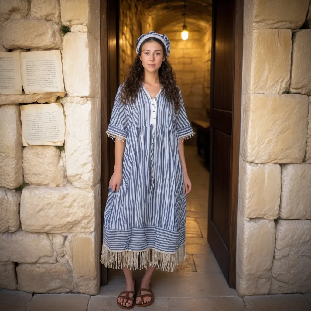 Prompt: elaborate jewish embroided faded dark blue striped modest dress with jewish symbols, torah ark covering, olive skin women with headwrap shawl and dark curly hair, dress has jewish stripes and fringes, leather sandals, women is in jerusalem western wall, stripes, fringes
