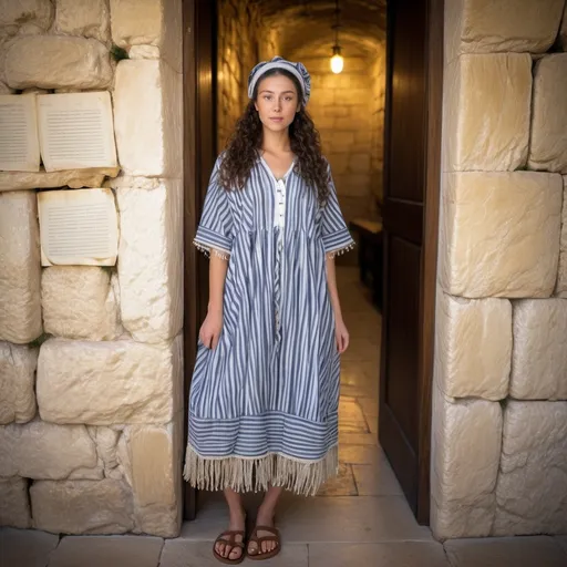 Prompt: elaborate jewish embroided faded dark blue striped modest dress with jewish symbols, torah ark covering, olive skin women with headwrap shawl and dark curly hair, dress has jewish stripes and fringes, leather sandals, women is in jerusalem western wall, stripes, fringes
