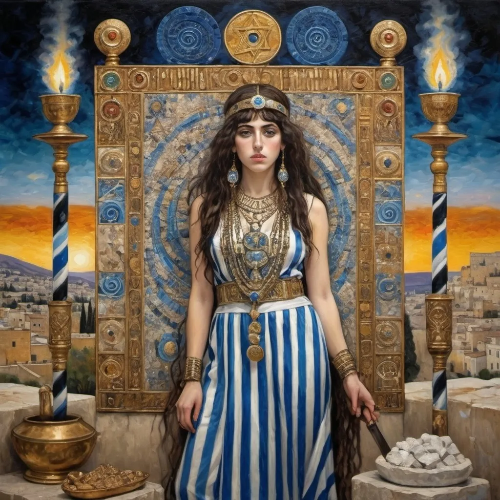 Prompt: elaborate abstract gustav klimt jugend painting, embroided dark blue fringed spiritual jewelry fringes white with jewish symbols on brown skinned mizrahi jewish woman fighting war in striped blue and white fringed modest jewishdresses, magic swords in their hands, warrior women in bandana, leather sandals, menorah star of david swords, golden jewish swords, eyes torah ark covering, fringed striped skirt, smoke and steam coming from pottery ,3 women fighting war and 1 on the ground kissing the earth, , elaborate israeli , eyes, jewish, crystals growing, detailed, standing on in jerusalem hill, turqoise and red sky, ancient soldiers, incense embroided, black jewish stripes clothing and fringes and on women fringes, big columns, in Jerusalem and dead sea, detailed holy valves,, hebrew 3 women fighting war and 1 on the ground kissing the earth fountain jewish symbols, ancient civilization, jewelry, menorah, jewish art, fringes, flowers, cultic, rituals, dead sea view, mikve, fountain, visual illusions, knives laying down, spring pool, sunset, menorah, illusion, knives on the ground, jewish stars, smoke, hypnotic, beauty, gemstones, sculpture, biblical immersion pool, 3 women fighting war elaborate and 1 on the ground kissing the earth, female warrior, praying jews, war battle, swords in ground, mystery, next to the dead sea, landscape view,, in the style of a gustav klimt surealism painting, in the style of gustav klimt vienna surealist painting 
