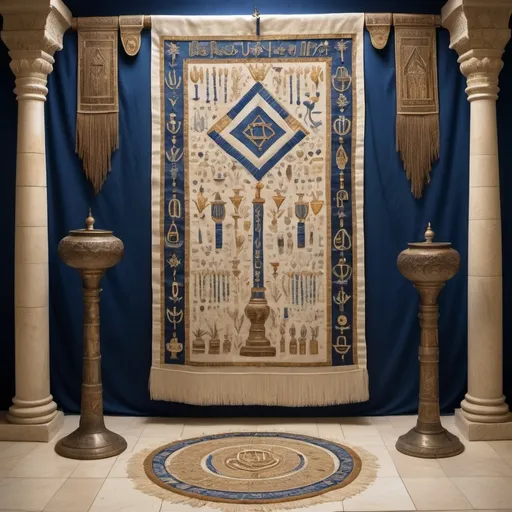 Prompt: elaborate embroided dark blue modest fringed dusty white dress with jewish symbols on warrior women, torah ark covering, olive skin, elaborate, detailed, fruits and hebrew calligraphy embroided,  blue jewish stripes and fringes and black leather bands, big columns, brown leather ,  in Jerusalem and dead sea, detailed holy valves, copper menorah, jewel crystals, copper fountain jewish symbols, ancient civilization, 5 menorahs on the floor jewish art, fringes,palms trees, flowers, cultic, rituals, a papyrus scroll, dead sea view, mikve, fountain, spring pool, gemstones, biblical immersion pool, sofas, praying jews, bushes, date palm, blue flowers, next to the dead sea, landscape view, in the style of a 19th century european realist painting
