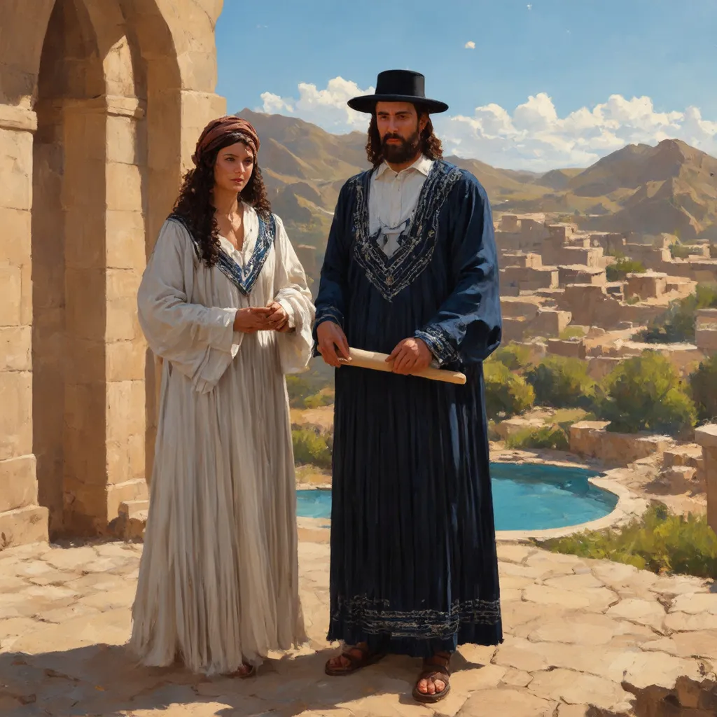 Prompt: elaborate embroided dark blue modest fringed dusty white dress with jewish symbols, torah ark covering, olive skin unhappy jewish couple with headwrap, kippa, and dark curly hair, jewish sidelocks, clothes with blue jewish stripes and fringes and black leather bands, brown leather sandals, man and woman is in Tiberias, detailed art jewish symbols menorah arch gate, ancient civilization, jewish art, fringes, cultic, rituals, holding a papyrus scroll,, gemstones, biblical cermony, pool on a hilltop, in the style of a 19th century european painting
