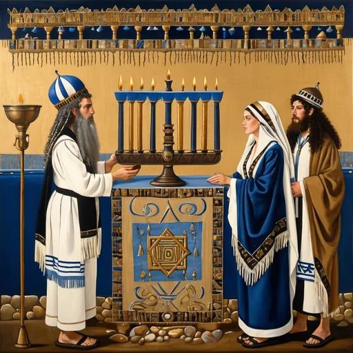 Prompt: elaborate embroided dark blue modest fringed dusty white dress with jewish symbols, torah ark covering, olive skin unhappy jewish couple with headwrap, kippa,  and dark curly hair, jewish sidelocks, clothes with blue jewish stripes and fringes and black leather bands, brown leather sandals, man and woman is in jerusalem detailed holy valves dark wood gold fountain jewish symbols menorah,  ancient civilization, jewish art, fringes, holding 7 armed candle menorah in hands, cultic, rituals, holding a papyrus scroll, mikve, fountain, spring pool, gemstones, biblical immersion pool, baptism in pool, in the style of a 19th century european realist painting 
