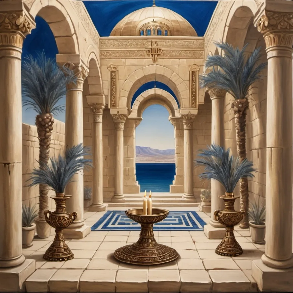 Prompt: big temple, elaborate embroided dark blue modest fringed dusty white dress with jewish symbols, torah ark covering, olive skin, elaborate, detailed, fruits and hebrew calligraphy embroided,  blue jewish stripes and fringes and black leather bands, big columns, brown leather ,  in Jerusalem and dead sea, detailed holy valves, copper menorah, jewel crystals, copper fountain jewish symbols, 4 small candlestick menorahs, ancient civilization, 5 menorahs on the floor jewish art, fringes,palms trees, flowers, cultic, rituals, a papyrus scroll, dead sea view, mikve, fountain, spring pool, gemstones, biblical immersion pool, sofas, praying jews, bushes, date palm, blue flowers, next to the dead sea, landscape view, in the style of a 19th century european realist painting
