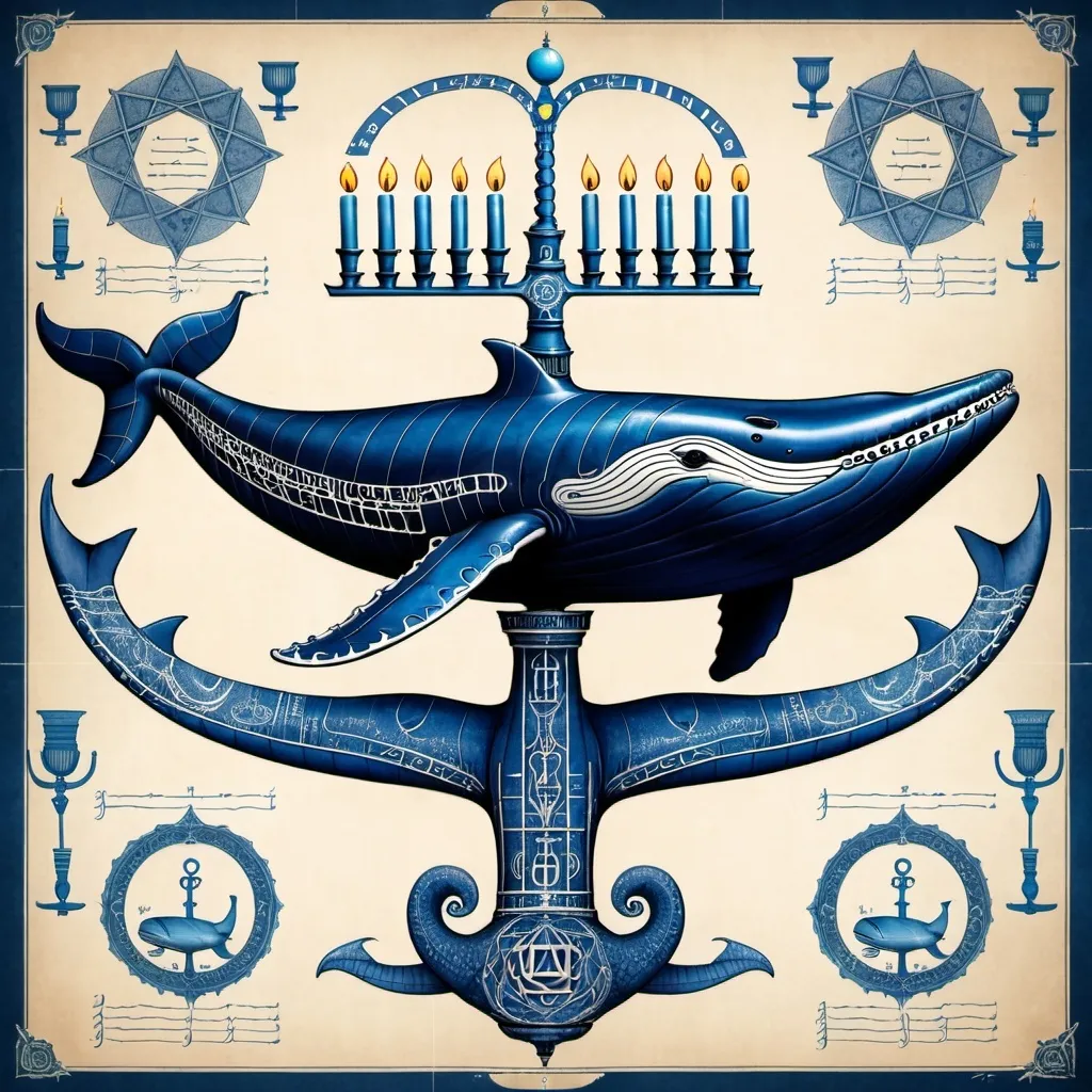 Prompt: blueprints combining a 7-pronged jewish menorah and a magical leviathan whale, hebrew letters