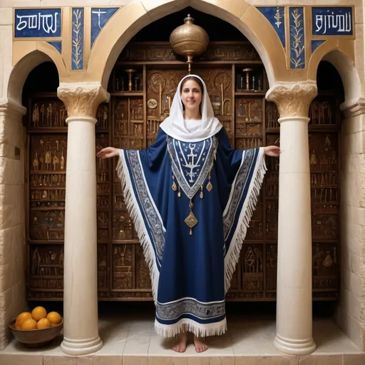 Prompt: elaborate embroided dark blue modest fringed dusty fringes white dress with jewish symbols on jewish women, torah ark covering, olive skin, elaborate, detailed, fruits  embroided,  blue jewish stripes and fringes and  on women bandana fringes, big columns, brown leather ,  in Jerusalem and dead sea, detailed holy valves, mural, copper menorah, hebrew jewel crystals, copper fountain jewish symbols, ancient civilization, 5 menorahs on the floor jewish art, fringes, fig tree, flowers, cultic, rituals, a papyrus scroll, dead sea view, mikve, fountain, spring pool, sunny day, gemstones, biblical immersion pool, female warrior, sofas, praying jews, pomegranate tree, ,next to the dead sea, landscape view,, in the style of a 19th century european realist painting
