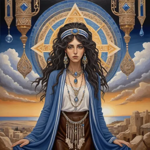 Prompt: elaborate Art Nouveau
painting, embroided dark blue fringed spiritual jewelry fringes white with jewish symbols on brown skinned mizrahi jewish woman flying, magic fringes bandana, sunset, leather sandals, golden foot link, eyes torah ark covering, fringed striped skirt, smoke and steam coming from pottery ,alchemist, , elaborate, eyes, jewish, women floating in space, crystals growing, detailed, standing on in jerusalem hill, incense embroided, black jewish stripes and fringes and on women fringes, prayer shawl, in Jerusalem and dead sea, detailed holy valves, hebrew crystals, fountain jewish symbols, black hair olive skin, ancient civilization, jewelry, levitating, menorah, jewish art, fringes, flowers, cultic, rituals, dead sea view, visual illusions, spring pool, sunset, menorah, illusion, jewish stars, smoke, hypnotic, gemstones, sculpture, biblical, clouds, crystals, female warrior, praying jews, pomegranate tree, mystery, next to the dead sea, landscape view,, in the style of a Art Nouveau painting, in the style of Art Nouveau painting
