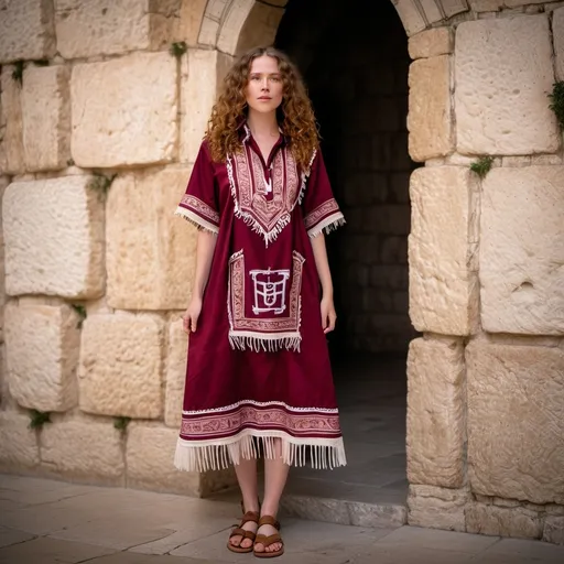 Prompt: elaborate embroided burgundy modest dress with jewish symbols, torah ark covering, olive skin women with bandana and curly hair. dress has jewish stripes and fringes, leather sandals, women is in jerusalem western wall