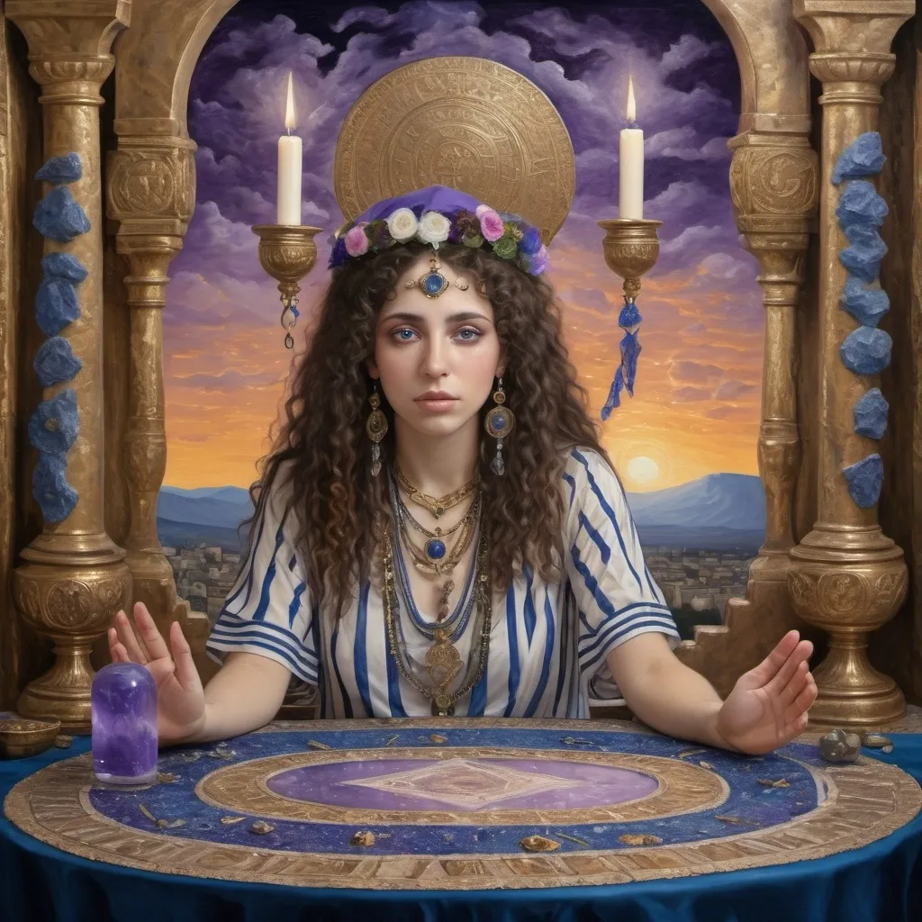 Prompt: elaborate surealism bronze klimt painting, embroided dark blue fringed spiritual jewelry fringes white with jewish symbols on two brown skinned mizrahi jewish women flying laying holding hands, magic fringes jewish symbols scrolls, knives and spears floating in the purple sunset sky, rainy day, leather sandals, swords and bow and arrow with eyes, golden foot link, geologic wild growing crystals, eyes torah ark covering, fringed striped skirt, smoke and steam coming from sculpture,alchemist, floating crown, painting, sky is pink elaborate, davids slung, lapiz lazuli pillars, amethyst, eyes, jewish, two women floating in space, crystals growing, detailed, standing on in jerusalem hill, incense embroided, black jewish clothing stripes and fringes and on 2 women, blue and white linen with fringes, prayer shawl, in Jerusalem and dead sea, jupiter, detailed holy valves, hebrew crystals, torah scroll, fountain jewish symbols, curly hair olive skin, ancient civilization, jewelry, shabbat dinner table, levitating, menorah, 2 women supporting each-other feminism, glitter on table, shining art, jewish art, fringes, flowers, cultic, rituals, dead sea view, visual illusions, spring pool, meteor, menorah, torah scroll, illusion, jewish stars, smoke, hypnotic, gemstones, sculpture, biblical, clouds, crystals, warrior, praying jews, ancient mound, mystery, next to the dead sea, landscape view,, in the style of a surrealist painting, in the style of klimt painting
