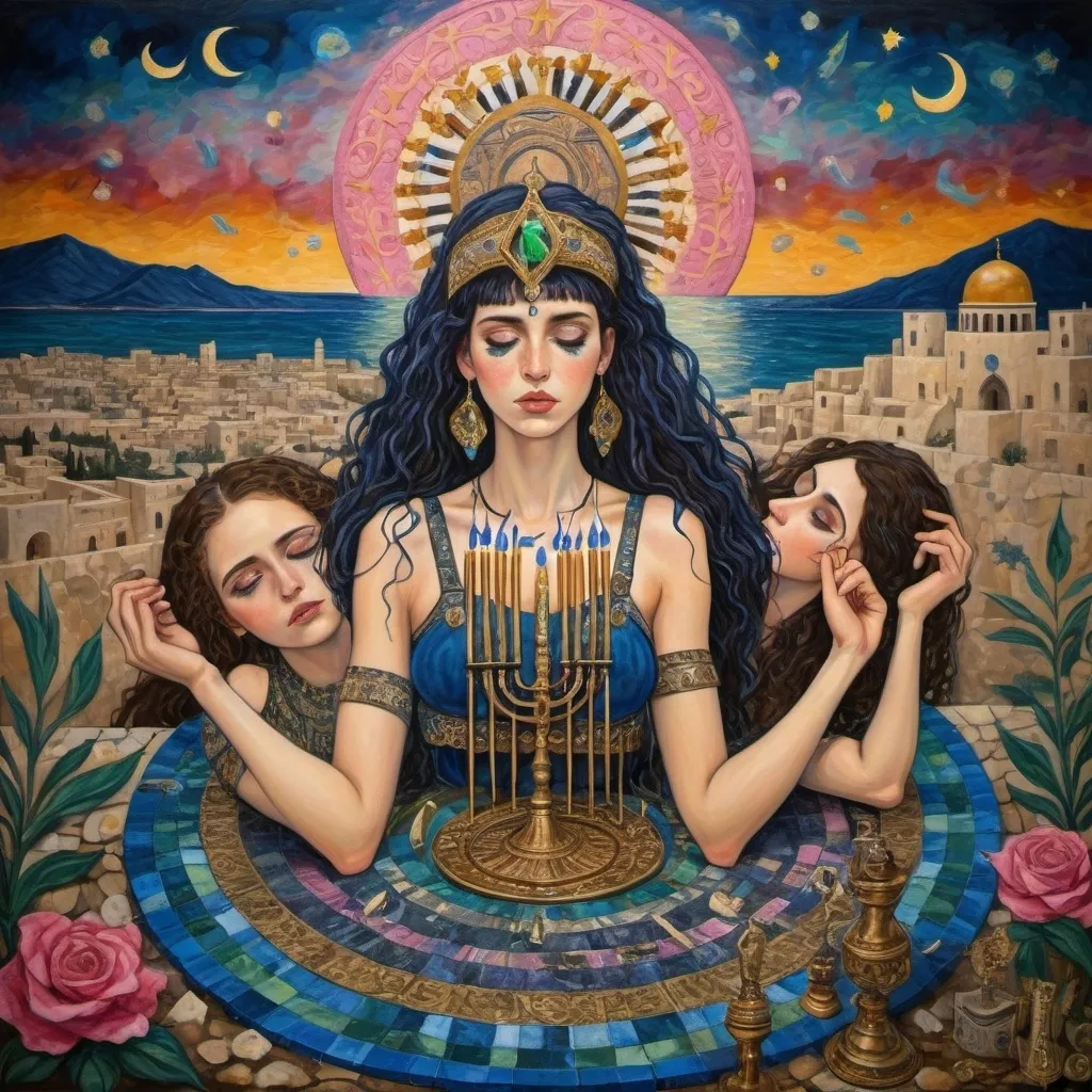 Prompt: elaborate lush gustav klimt jugend painting, embroided dark blue fringed spiritual modest jewelry fringes white with jewish symbols on brown skinned mizrahi modest jewish woman knight fighting war in striped blue and black fringed modest jewish armor shirt, magic swords in their hands, warrior women in bandana, leather sandals, menorah star of david swords, golden jewish swords, menorah, eyes torah ark covering, fringed striped modest skirt, smoke and steam coming from pottery ,3 women fighting war, jewish shield, jewish weapon, pulling sword from the earth, , black hair, elaborate israeli , floating ocean golden evil eyes, jewish, crystals growing, tropical plants and flowers, detailed, menorah, standing on in israeli hill, pink and green jewish sky, ancient soldiers, swimming, incense embroided, black jewish stripes clothing and fringes and on women fringes, big columns, in Jerusalem and dead sea, detailed holy valves,, hebrew 3 women fighting war and 1 on the ground kissing the earth fountain jewish symbols, ancient civilization, jewelry, menorah, jewish art, fringes, flowers, cultic, rituals, dead sea view, mikve, fountain, visual illusions, many menorahs, knives laying down, spring pool, sunset, menorah, illusion, knives on the ground, jewish stars, smoke, hypnotic, beauty, in the dead seagemstones, sculpture, biblical immersion pool, 3 women fighting war elaborate and 1 on the ground kissing the earth, female warrior, praying jews, many menorahs, war battle, swords in ground, mystery, next to the dead sea, landscape view,, in the style of a gustav klimt surealism painting, in the style of gustav klimt colorfull surealist painting
