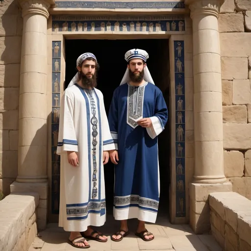 Prompt: elaborate embroided dark blue modest fringed dusty white dress with jewish symbols, torah ark covering, olive skin unhappy jewish couple with headwrap, kippa, and dark curly hair, jewish sidelocks, clothes with blue jewish stripes and fringes and black leather bands, brown leather sandals, man and woman is in Tiberias, detailed art jewish symbols menorah arch gate, ancient civilization, jewish art, fringes, cultic, rituals, holding a papyrus scroll,, gemstones, biblical cermony, pool on a hilltop, in the style of a 19th century european realist painting
