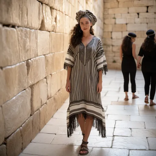 Prompt: elaborate embroided faded black striped modest dress with jewish symbols, torah ark covering, olive skin women with headwrap shawl and dark curly hair, dress has jewish stripes and fringes, leather sandals, women is in jerusalem western wall, stripes, fringes
