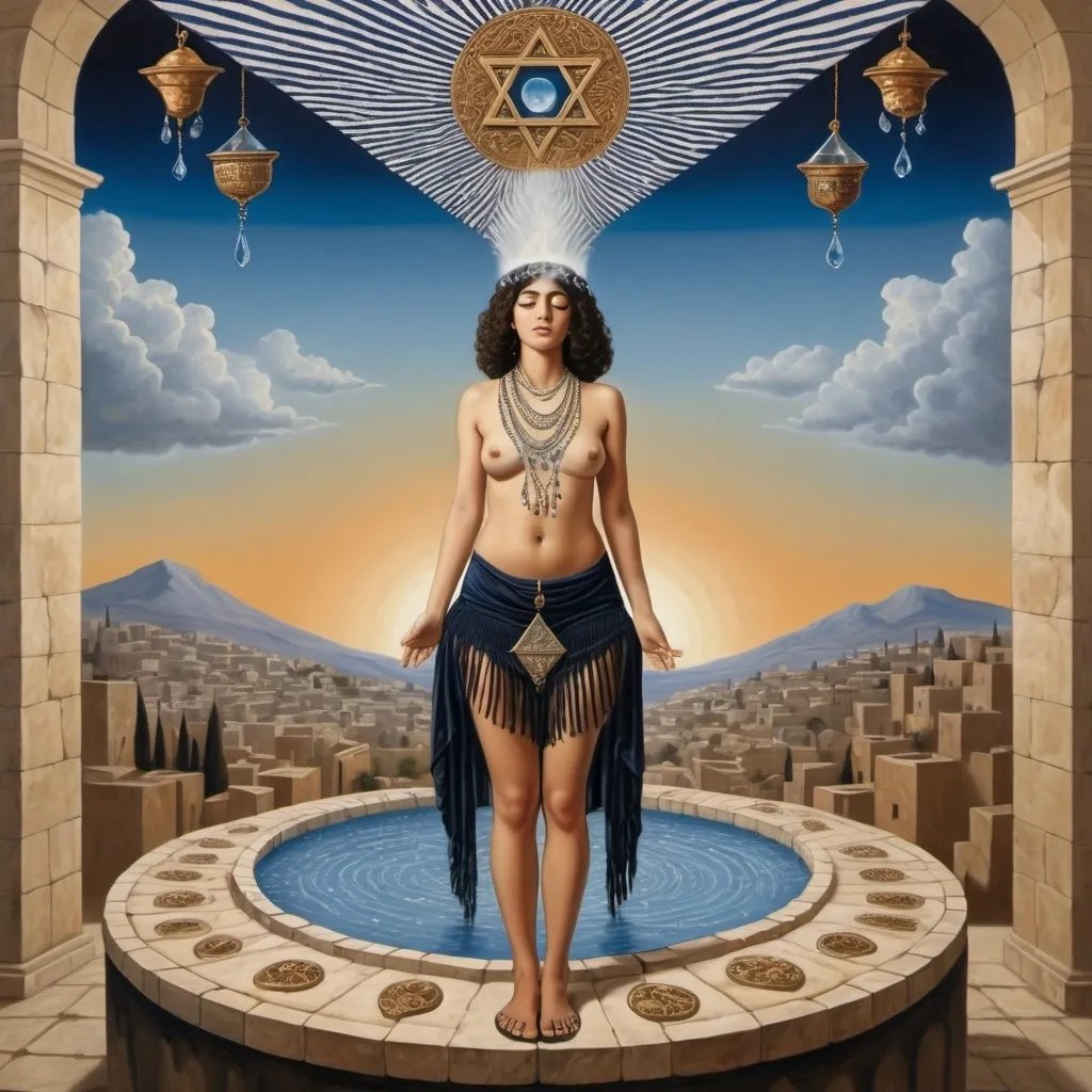 Prompt: elaborate René Magritte painting, embroided dark blue fringed spiritual jewelry fringes white with jewish symbols on brown skinned mizrahi jewish woman flying, magic fringes bandana, sunset, leather sandals, golden foot link, eyes torah ark covering, fringed striped skirt, smoke and steam coming from pottery ,alchemist, , elaborate, eyes, jewish, women floating in space, crystals growing, detailed, standing on in jerusalem hill, incense embroided, black jewish stripes and fringes and on women fringes, in Jerusalem and dead sea, detailed holy valves, hebrew crystals, fountain jewish symbols, black hair olive skin, ancient civilization, jewelry, levitating, menorah, jewish art, fringes, flowers, cultic, rituals, dead sea view, mikve, fountain, visual illusions, spring pool, sunset, menorah, illusion, jewish stars, smoke, hypnotic, gemstones, sculpture, biblical immersion pool, clouds, crystals, female warrior, praying jews, pomegranate tree, mystery, next to the dead sea, landscape view,, in the style of a magritte painting, in the style of magritte painting
