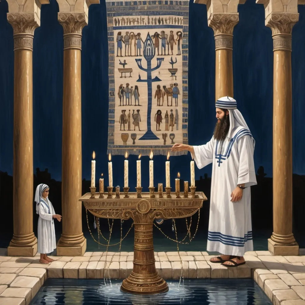 Prompt: elaborate embroided dark blue modest fringed dusty white dress with jewish symbols, torah ark covering, olive skin unhappy jewish couple with headwrap, kippa, and dark curly hair, jewish sidelocks, clothes with blue jewish stripes and fringes and black leather bands, brown leather sandals, man and woman is in jerusalem detailed holy valves dark wood gold fountain jewish symbols menorah, ancient civilization, jewish art, fringes, holding 7 armed candle menorah in left hand and bronze knife in right hand, cultic, rituals, holding a papyrus scroll, mikve, fountain, spring pool, gemstones, biblical immersion pool, baptism in pool, in the style of a 19th century european realist painting
