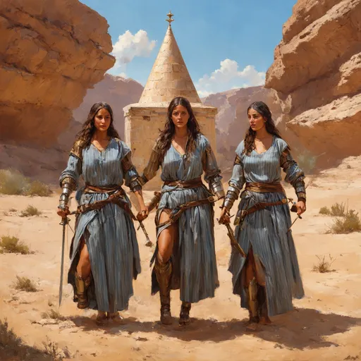 Prompt: maktesh negev desert , 3 jewish olive skinned women warriors in traditonal jewish striped dusty blue biblical warrior clothing, and large jewish tomb in the middle of canyon, tomb with tall conical roof, tomb of absalon in canyon, gold, elaborate, brown blue stripes, sickel swords, slung, bow and arrow, jewish menorah, detailed, elaborate, in the style of a 19th century european realist painting
