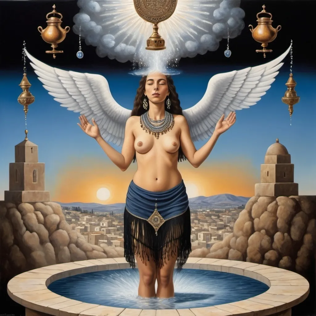 Prompt: elaborate René Magritte painting, embroided dark blue fringed spiritual jewelry fringes white with jewish symbols on brown skinned mizrahi jewish woman flying, magic fringes bandana, sunset, leather sandals, golden foot link, eyes torah ark covering, fringed striped skirt, smoke and steam coming from pottery ,alchemist, , elaborate, eyes, jewish, women floating in space, crystals growing, detailed, standing on in jerusalem hill, incense embroided, black jewish stripes and fringes and on women fringes, in Jerusalem and dead sea, detailed holy valves, hebrew crystals, fountain jewish symbols, black hair olive skin, ancient civilization, jewelry, levitating, menorah, jewish art, fringes, flowers, cultic, rituals, dead sea view, mikve, fountain, visual illusions, spring pool, sunset, menorah, illusion, jewish stars, smoke, hypnotic, gemstones, sculpture, biblical immersion pool, clouds, crystals, female warrior, praying jews, pomegranate tree, mystery, next to the dead sea, landscape view,, in the style of a magritte painting, in the style of magritte painting
