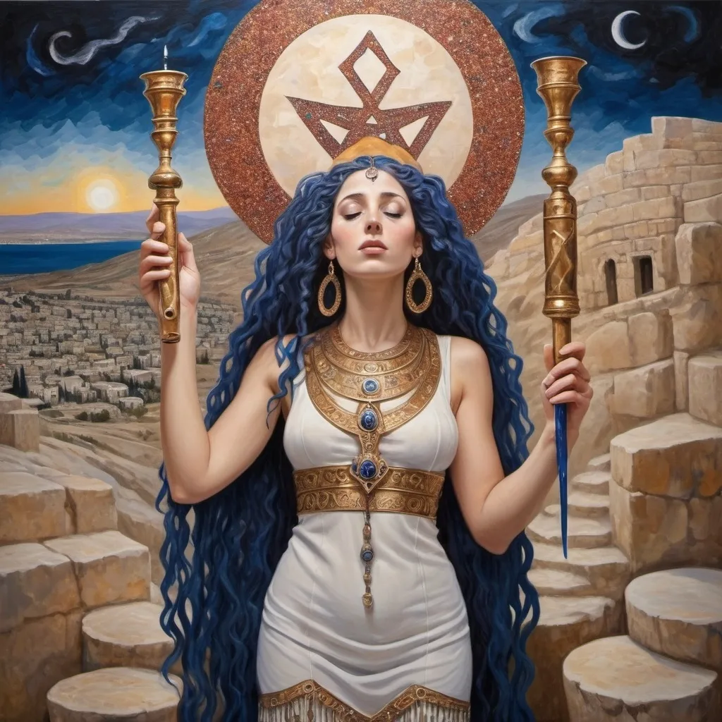 Prompt: elaborate surealism rose gold klimt painting, embroided dark blue fringed spiritual jewelry fringes white with jewish symbols on two brown skinned mizrahi jewish women flying laying holding hands trumpet, magic fringes jewish symbols scrolls, knives and spears floating in the lightning sunrise sky, leather sandals, swords and bow and arrow with eyes, shofar ivory horn, biblical rock cut tombs, eyes torah ark covering, fringed striped skirt, , alchemist, floating ibex horns shofar, painting, sky is red elaborate, ivory horn, davids slung, lapiz lazuli animal horn, pillars, amethyst, eyes, jewish, two women floating in space blowing a horn, crystals growing, detailed, standing on in jerusalem hill, incense embroided, black jewish clothing stripes and fringes and on 2 women, blue and white linen with fringes, prayer shawl, in Jerusalem and dead sea, jupiter, detailed holy valves, forgivness, hebrew crystals, torah scroll, fountain jewish symbols, curly hair olive skin, ancient civilization, jewelry, shofar ram horn, levitating, menorah, 2 women supporting each-other feminism, glitter on table, shining art, jewish art, fringes, flowers, shofar, cultic, rituals, dead sea view, visual illusions, bugle horn, spring pool, meteor, menorah, torah scroll, illusion, jewish stars, smoke hypnotic, gemstones, saying goodbye, women dancing, rosh hashana, sculpture, biblical, burgundy sky, crystals, warrior blowing horn,, praying jews, ancient mound, blowing the horn, mystery, next to the dead sea, landscape view, in the style of a surrealist painting, in the style of klimt painting
