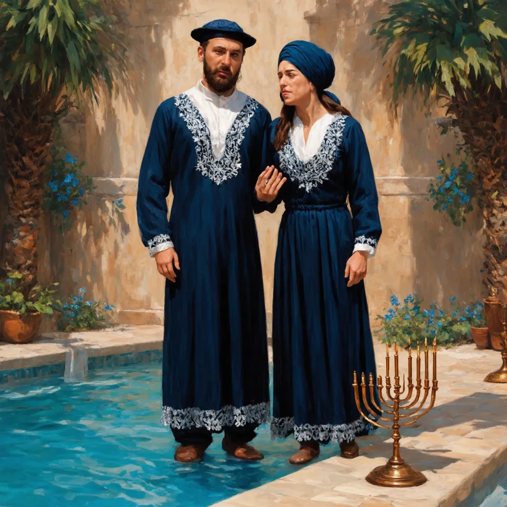 Prompt: elaborate embroided dark blue modest fringed dusty white dress with jewish symbols, torah ark covering, olive skin unhappy jewish couple with headwrap, kippa, and dark curly hair, jewish sidelocks, clothes with blue jewish stripes and fringes and black leather bands, brown leather sandals, man and woman is in jerusalem detailed holy valves, copper menorah, jewel crystals, copper fountain jewish symbols, 4 smalll candlestick menorahs standing in a row next to two jews, ancient civilization, 5 menorahs on the floor jewish art, fringes,palms trees, flowers, cultic, rituals, holding a papyrus scroll, mikve, two jews, fountain, spring pool, gemstones, biblical immersion pool, sofas, praying jews, bushes, date palm, blue flowers, in the style of a 19th century european realist painting
