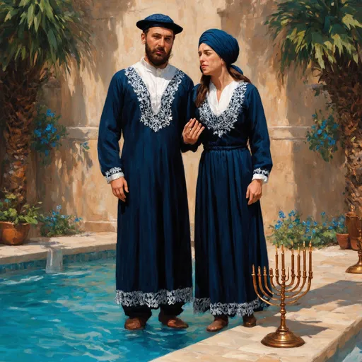 Prompt: elaborate embroided dark blue modest fringed dusty white dress with jewish symbols, torah ark covering, olive skin unhappy jewish couple with headwrap, kippa, and dark curly hair, jewish sidelocks, clothes with blue jewish stripes and fringes and black leather bands, brown leather sandals, man and woman is in jerusalem detailed holy valves, copper menorah, jewel crystals, copper fountain jewish symbols, 4 smalll candlestick menorahs standing in a row next to two jews, ancient civilization, 5 menorahs on the floor jewish art, fringes,palms trees, flowers, cultic, rituals, holding a papyrus scroll, mikve, two jews, fountain, spring pool, gemstones, biblical immersion pool, sofas, praying jews, bushes, date palm, blue flowers, in the style of a 19th century european realist painting
