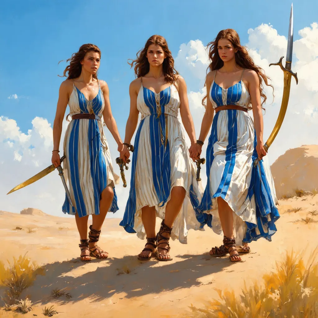 Prompt: 2 olive skin jewish biblical women with a sickle sword in hands, standing on a desert hill, wearing a striped blue, white, gold dress and leather sandals
 detailed 19th century European realist painting