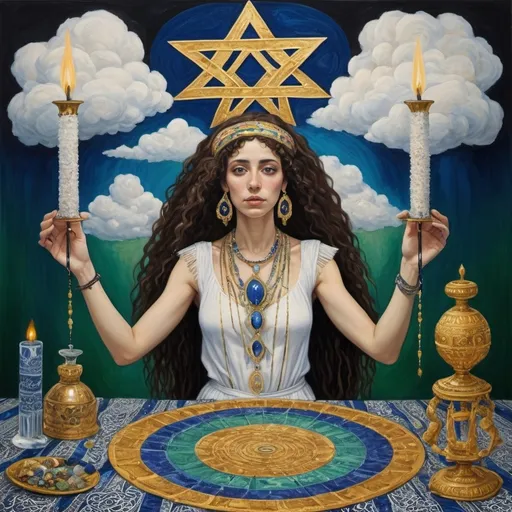 Prompt: elaborate surealism golden shining klimt painting, embroided dark blue fringed spiritual jewelry fringes white with jewish symbols on two brown skinned mizrahi jewish women flying laying holding hands, magic fringes jewish cotton bandana, knives and spears floating in the green sky, rainy day, leather sandals, swords and bow and arrow with eyes, golden foot link, geologic wild growing crystals, eyes torah ark covering, fringed striped skirt, smoke and steam coming from sculpture,alchemist, floating crown, painting, sky is green, elaborate, davids slung, lapiz lazuli table, amethyst, eyes, jewish, two women floating in space, crystals growing, detailed, standing on in jerusalem hill, incense embroided, black jewish clothing stripes and fringes and on 2 women, blue and white linen with fringes, prayer shawl, in Jerusalem and dead sea, detailed holy valves, hebrew crystals, torah scroll, fountain jewish symbols, curly hair olive skin, ancient civilization, jewelry, shabbat dinner table, levitating, menorah, 2 women supporting each-other feminism, glitter, shining art, jewish art, fringes, flowers, cultic, rituals, dead sea view, visual illusions, spring pool, rain, menorah, torah scroll, illusion, jewish stars, smoke, hypnotic, three women, patterns, gemstones, sculpture, biblical, clouds, crystals, warrior, praying jews, ancient mound, mystery, next to the dead sea, landscape view,, in the style of a surrealist painting, in the style of klimt painting
