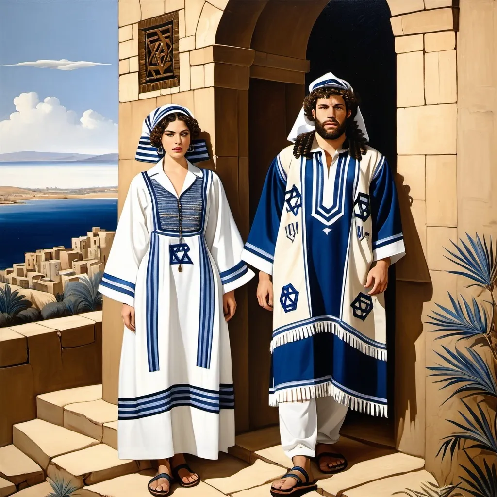 Prompt: elaborate embroided dark blue modest fringed dusty white dress with jewish symbols, torah ark covering, olive skin unhappy jewish couple with headwrap, kippa, and dark curly hair, jewish sidelocks, clothes with blue jewish stripes and fringes and black leather bands, brown leather sandals, man and woman is in Tiberias, detailed art jewish symbols menorah arch gate, ancient civilization, jewish art, fringes, cultic, rituals, holding a papyrus scroll,, gemstones, biblical cermony, pool on a hilltop, in the style of a 19th century european realist painting
