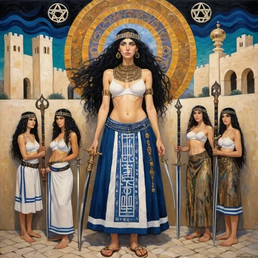 Prompt: elaborate abstract gustav klimt jugend painting, embroided dark blue fringed spiritual modest jewelry fringes white with jewish symbols on brown skinned mizrahi jewish woman knight fighting war in striped blue and white fringed modest jewish armor, magic swords in their hands, warrior women in bandana, leather sandals, menorah star of david swords, golden jewish swords, eyes torah ark covering, fringed striped skirt, smoke and steam coming from pottery ,3 women fighting war, pulling sword from the earth, , black hair, elaborate israeli , eyes, jewish, crystals growing, detailed, standing on in jerusalem hill, pink and green jewish sky, ancient soldiers, incense embroided, black jewish stripes clothing and fringes and on women fringes, big columns, in Jerusalem and dead sea, detailed holy valves,, hebrew 3 women fighting war and 1 on the ground kissing the earth fountain jewish symbols, ancient civilization, jewelry, menorah, jewish art, fringes, flowers, cultic, rituals, dead sea view, mikve, fountain, visual illusions, knives laying down, spring pool, sunset, menorah, illusion, knives on the ground, jewish stars, smoke, hypnotic, beauty, gemstones, sculpture, biblical immersion pool, 3 women fighting war elaborate and 1 on the ground kissing the earth, female warrior, praying jews, war battle, swords in ground, mystery, next to the dead sea, landscape view,, in the style of a gustav klimt surealism painting, in the style of gustav klimt vienna surealist painting
