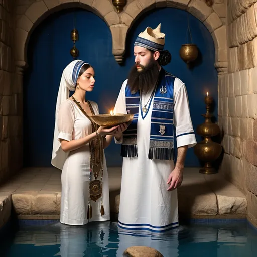 Prompt: elaborate embroided dark blue modest fringed dusty white dress with jewish symbols, torah ark covering, olive skin unhappy jewish couple with headwrap, kippa,  and dark curly hair, jewish sidelocks, clothes with blue jewish stripes and fringes and black leather bands, brown leather sandals, man and woman is in jerusalem detailed holy valves dark wood gold fountain jewish symbols menorah,  ancient civilization, jewish art, fringes, holding 7 armed candle menorah in hands, cultic, rituals, holding a papyrus scroll, mikve, fountain, spring pool, gemstones, biblical immersion pool, baptism in pool, in the style of a 19th century european realist painting 
