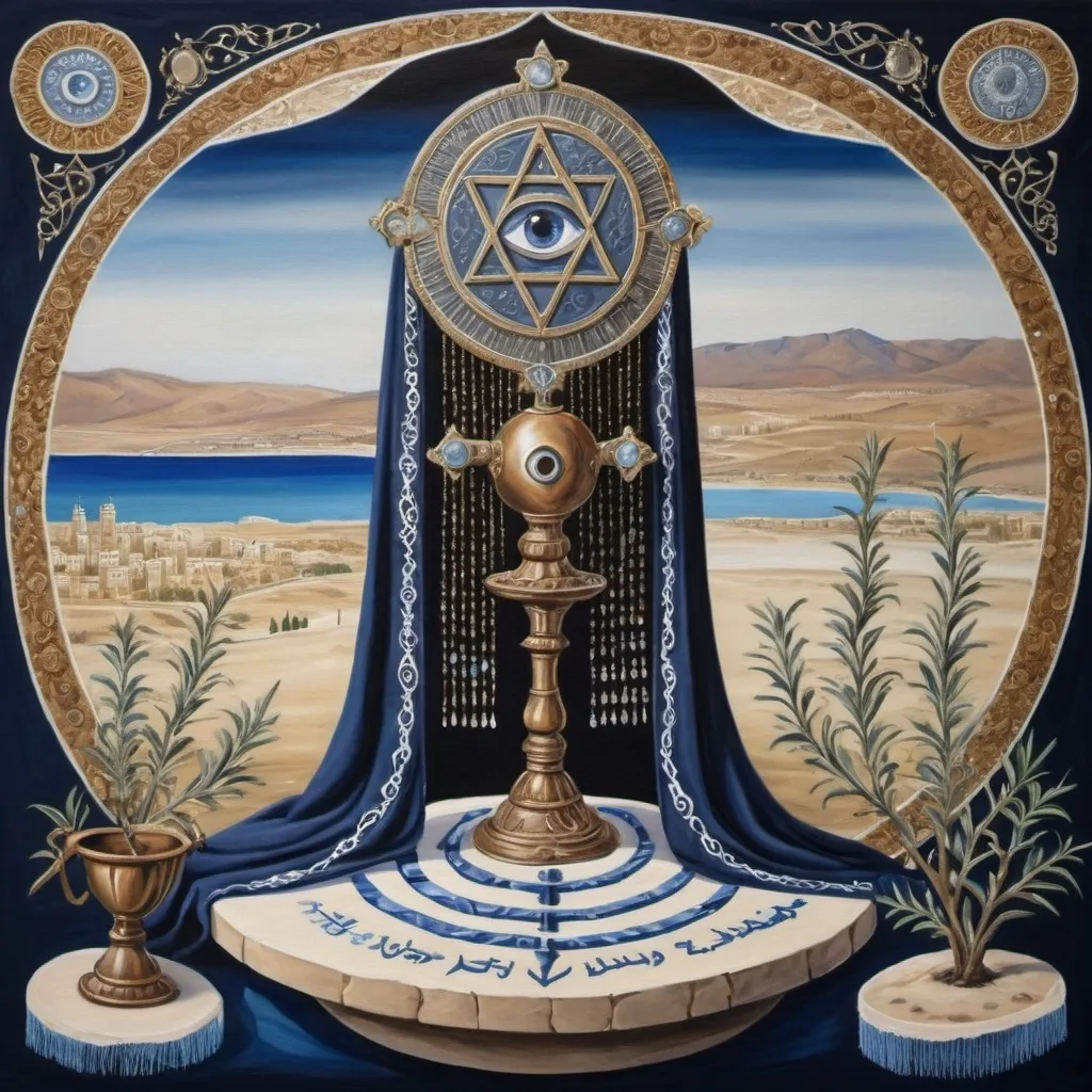 Prompt: elaborate painting embroided dark blue modest fringed spiritual shield with eye fringes white with jewish symbols on jewish women meditating fringes, torah ark covering, smoke and steam coming from pottery ,meditation, , elaborate, eye, jewish, crystals growing, detailed, incense  embroided,  black jewish stripes and fringes and on women fringes, big columns, brown leather ,  in Jerusalem and dead sea, detailed holy valves,, hebrew crystals, fountain jewish symbols, ancient civilization,  shield and sword, jewish art, fringes, flowers, cultic, rituals, dead sea view, mikve, fountain, visual illusions, spring pool, sunny day, menorah, illusion, hypnotic, gemstones, sculpture, biblical immersion pool, crystals, female warrior, praying jews, pomegranate tree, ,next to the dead sea, landscape view,, in the style of a surrealist Salvador Dali painting, in the style of a magritte painting
