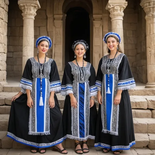 Prompt: 3 olive skin jewish women in fancy modest black elaborate embroided modest shirt with blue jewish symbols white fringes, fringes, torah ark covering, the 3 olive skin women have black headwraps, skirt has black jewish stripes prayer shawl and fringes, silver jewelry, nose piercings, standing on a biblical ruin,, leather sandals, fringes tzitzit, brown, silver, elaborate, black, headwrap 