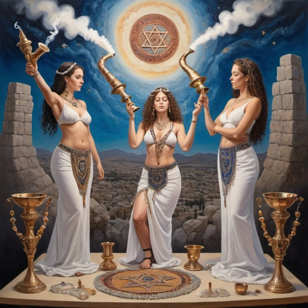 Prompt: elaborate surealism rose gold klimt painting, embroided dark blue fringed spiritual jewelry fringes white with jewish symbols on two brown skinned mizrahi jewish women flying laying holding hands trumpet, magic fringes jewish symbols scrolls, knives and spears floating in the lightning sunrise sky, leather sandals, swords and bow and arrow with eyes, shofar horn, biblical rock cut tombs, eyes torah ark covering, fringed striped skirt, smoke and steam coming from sculpture, alchemist, floating ibex horns shofar, painting, sky is burgundy elaborate, davids slung, lapiz lazuli animal horn, pillars, amethyst, eyes, jewish, two women floating in space blowing a horn, crystals growing, detailed, standing on in jerusalem hill, incense embroided, black jewish clothing stripes and fringes and on 2 women, blue and white linen with fringes, prayer shawl, in Jerusalem and dead sea, jupiter, detailed holy valves, forgivness, hebrew crystals, torah scroll, fountain jewish symbols, curly hair olive skin, ancient civilization, jewelry, shofar ram horn, levitating, menorah, 2 women supporting each-other feminism, glitter on table, shining art, jewish art, fringes, flowers, shofar, cultic, rituals, dead sea view, visual illusions, bugle horn, spring pool, meteor, menorah, torah scroll, illusion, jewish stars, smoke, hypnotic, gemstones, saying goodbye, women dancing, rosh hashana, sculpture, biblical, clouds, crystals, warrior blowing horn,, praying jews, ancient mound, blowing the horn, mystery, next to the dead sea, landscape view, in the style of a surrealist painting, in the style of klimt painting
