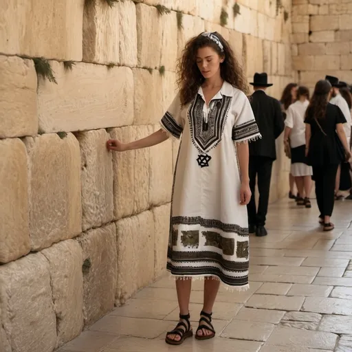 Prompt: 2 elaborate embroided dark modest dress with jewish symbols, torah ark covering, olive skin women with bandana and dark curly hair, dress has jewish stripes and fringes, leather sandals, women is in jerusalem western wall
