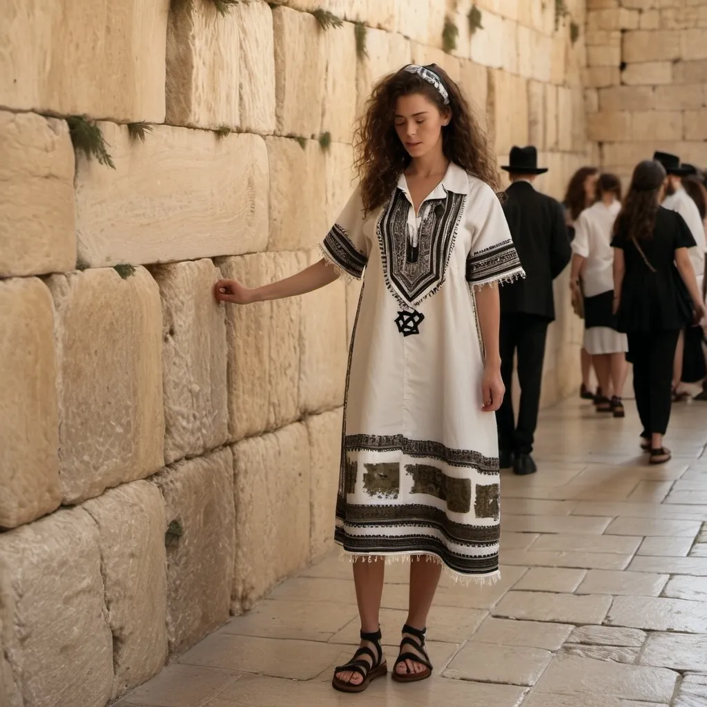 Prompt: 2 elaborate embroided dark modest dress with jewish symbols, torah ark covering, olive skin women with bandana and dark curly hair, dress has jewish stripes and fringes, leather sandals, women is in jerusalem western wall
