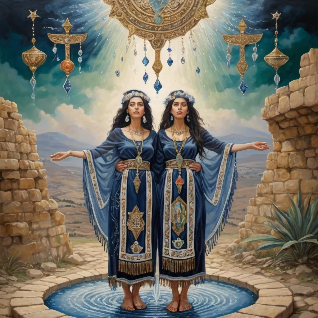 Prompt: elaborate surealism painting, embroided dark blue fringed spiritual jewelry fringes white with jewish symbols on two brown skinned mizrahi jewish women flying holding hands, magic fringes cloth bandana, colorfull flowers and leaves floating in the green sky, rainy day, leather sandals, swords and bow and arrow with eyes, golden foot link, eyes torah ark covering, fringed striped skirt, smoke and steam coming from pottery ,alchemist, , gloating crown, elaborate, eyes, jewish, two women floating in space, crystals growing, detailed, standing on in jerusalem hill, incense embroided, black jewish clothing stripes and fringes and on 2 women, fringes, prayer shawl, in Jerusalem and dead sea, detailed holy valves, hebrew crystals, fountain jewish symbols, black hair olive skin, ancient civilization, jewelry, levitating, menorah, 2 women supporting eachother femenism, glitter, shining art, jewish art, fringes, flowers, cultic, rituals, dead sea view, visual illusions, spring pool, rain, menorah, illusion, jewish stars, smoke, hypnotic, gemstones, sculpture, biblical, clouds, crystals, warrior, praying jews, ancient mound, mystery, next to the dead sea, landscape view,, in the style of a surealist painting, in the style of klimt painting
