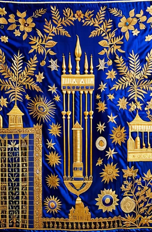 Prompt: elaborate embroided dark blue modest symbols, torah ark covering, is in Tiberias, detailed art jewish symbols menorah arch gate, ancient civilization, jewish art, fringes, cultic, rituals, holding a papyrus scroll,, gemstones, biblical cermony, pool on a hilltop, in the style of a 19th century european realist painting
