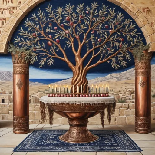 Prompt: elaborate embroided dark blue modest fringed dusty fringes white dress with jewish symbols on jewish women, torah ark covering on table, olive skin, elaborate, detailed, fruits on table  embroided,  black jewish stripes and fringes and on women bandana fringes, big columns, brown leather ,  in Jerusalem and dead sea, detailed holy valves, mural, copper menorah, hebrew jewel crystals, copper fountain jewish symbols, ancient civilization, 5 menorahs on the floor jewish art, fringes, fig tree, flowers, cultic, rituals, a papyrus scroll, dead sea view, mikve, fountain, spring pool, sunny day, gemstones, biblical immersion pool, female warrior, sofas, praying jews, pomegranate tree, ,next to the dead sea, landscape view,, in the style of a 19th century european realist painting
