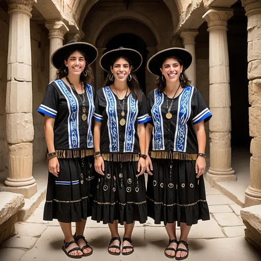 Prompt: 3 olive skin jewish women in casual black elaborate embroided modest shirt with blue jewish symbols white fringes, fringes, torah ark covering, the 3 olive skin women have black bandanas, skirt has black jewish stripes prayer shawl and fringes, gold jewelry, nose piercings, standing on a biblical ruin,, leather sandals, fringes tzitzit, brown, gold, elaborate, black,, wig and hat