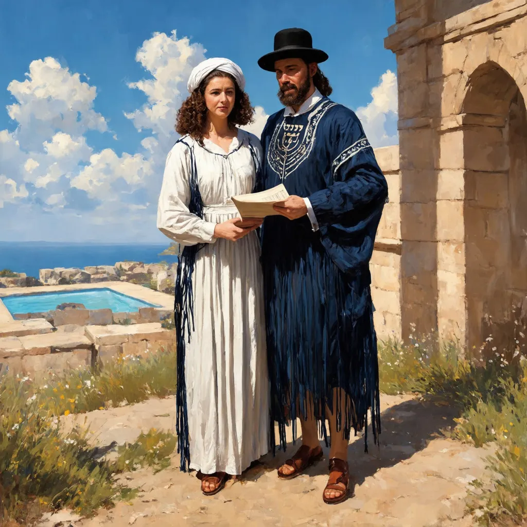 Prompt: elaborate embroided dark blue modest fringed dusty white dress with jewish symbols, torah ark covering, olive skin unhappy jewish couple with headwrap, kippa, and dark curly hair, jewish sidelocks, striped clothes with blue jewish stripes and fringes, brown leather sandals, man and woman is in Tiberias, detailed art jewish symbols menorah arch gate, ancient civilization, jewish art, fringes, cultic, rituals, holding a papyrus scroll,, gemstones, biblical cermony, pool on a hilltop, fringes and striped jewish elaborate clothing, in the style of a 19th century european painting
