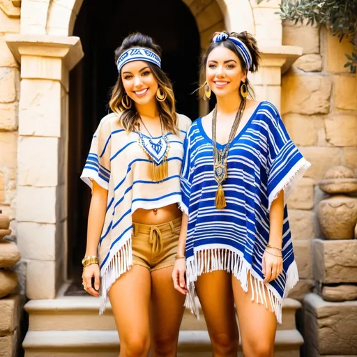 Prompt: 3 olive skin jewish women in trendy casual elaborate embroided cropped striped poncho with dark blue jewish symbols fringes, fringes, torah ark covering, the 3 olive skin women have blue headwraps, mini skirt has jewish stripes and fringes, gold jewelry, nose piercings, standing on a biblcial ruin, leather platform sandals, fringes tzitzit, brown, beige, gold, elaborate, brown, scarf, bandanas, black hair, bandana, scarf, bandana, fringed shorts