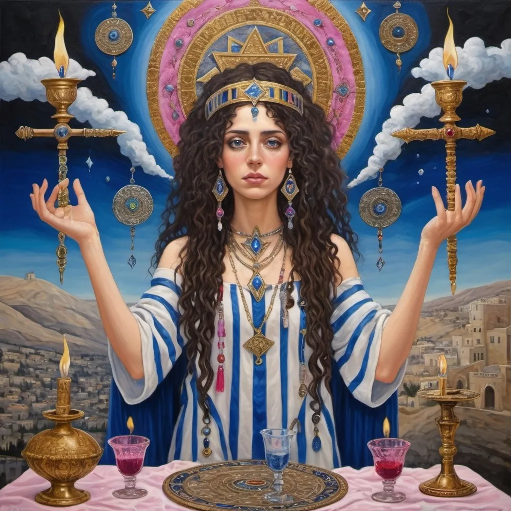 Prompt: elaborate surealism ruby klimt painting, embroided dark blue fringed spiritual jewelry fringes white with jewish symbols on two brown skinned mizrahi jewish women flying laying holding hands, magic fringes jewish cotton bandana, knives and spears floating in the pink sky, rainy day, leather sandals, swords and bow and arrow with eyes, golden foot link, geologic wild growing crystals, eyes torah ark covering, fringed striped skirt, smoke and steam coming from sculpture,alchemist, floating crown, painting, sky is ruby, elaborate, davids slung, lapiz lazuli table, amethyst, eyes, jewish, two women floating in space, crystals growing, detailed, standing on in jerusalem hill, incense embroided, black jewish clothing stripes and fringes and on 2 women, blue and white linen with fringes, prayer shawl, in Jerusalem and dead sea, detailed holy valves, hebrew crystals, torah scroll, fountain jewish symbols, curly hair olive skin, ancient civilization, jewelry, shabbat dinner table, levitating, menorah, 2 women supporting each-other feminism, glitter, shining art, jewish art, fringes, flowers, cultic, rituals, dead sea view, visual illusions, spring pool, rain, menorah, torah scroll, illusion, jewish stars, smoke, hypnotic, gemstones, sculpture, biblical, clouds, crystals, warrior, praying jews, ancient mound, mystery, next to the dead sea, landscape view,, in the style of a surrealist painting, in the style of klimt painting
