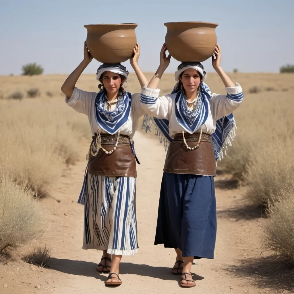 Prompt: 2 dancing olive skin jewish women transporting water jug on their head, biblical pottery water jug with jewish art carried on their head in casual elaborate embroided modest shirt with dark blue jewish symbols white fringes, fringes, harp, torah ark covering, the 2 olive skin women have blue bandanas, brown or blue skirt has jewish stripes prayer shawl and fringes, ceramic water jug balanced on head, gold, menorah, jewelry, nose piercings, walking in dry field, leather sandals, fringes tzitzit, brown, jewish, gold, elaborate,, holding harp, brown blue stripes, cloth bandana, walking with water jug carried on head
