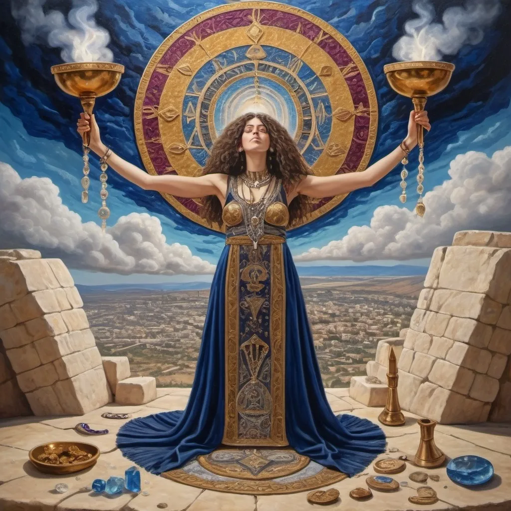 Prompt: elaborate surealism bronze klimt painting, embroided dark blue fringed spiritual jewelry fringes white with jewish symbols on two brown skinned mizrahi jewish women flying laying holding hands trumpet, magic fringes jewish symbols scrolls, knives and spears floating in the lightning sunset sky, rainy day, leather sandals, swords and bow and arrow with eyes, golden foot link, biblical rock cut tombs, eyes torah ark covering, fringed striped skirt, smoke and steam coming from sculpture, alchemist, floating ibex horns shofar, painting, sky is burgundy elaborate, davids slung, lapiz lazuli animal horn, pillars, amethyst, eyes, jewish, two women floating in space, crystals growing, detailed, standing on in jerusalem hill, incense embroided, black jewish clothing stripes and fringes and on 2 women, blue and white linen with fringes, prayer shawl, in Jerusalem and dead sea, jupiter, detailed holy valves, forgivness, hebrew crystals, torah scroll, fountain jewish symbols, curly hair olive skin, ancient civilization, jewelry, shofar ram horn, levitating, menorah, 2 women supporting each-other feminism, glitter on table, shining art, jewish art, fringes, flowers, shofar, cultic, rituals, dead sea view, visual illusions, spring pool, meteor, menorah, torah scroll, illusion, jewish stars, smoke, hypnotic, gemstones, saying goodbye, women dancing, rosh hashana, sculpture, biblical, clouds, crystals, warrior, praying jews, ancient mound, mystery, next to the dead sea, landscape view, in the style of a surrealist painting, in the style of klimt painting
