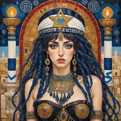 Prompt: elaborate abstract gustav klimt jugend painting, embroided dark blue fringed spiritual jewelry fringes white with jewish symbols on brown skinned mizrahi jewish woman fighting war in striped blue and white fringed modest jewishdresses, magic swords in their hands, warrior women in bandana, leather sandals, menorah star of david swords, golden jewish swords, eyes torah ark covering, fringed striped skirt, smoke and steam coming from pottery ,3 women fighting war and 1 on the ground kissing the earth, , elaborate israeli , eyes, jewish, crystals growing, detailed, standing on in jerusalem hill, turqoise and red sky, ancient soldiers, incense embroided, black jewish stripes clothing and fringes and on women fringes, big columns, in Jerusalem and dead sea, detailed holy valves,, hebrew 3 women fighting war and 1 on the ground kissing the earth fountain jewish symbols, ancient civilization, jewelry, menorah, jewish art, fringes, flowers, cultic, rituals, dead sea view, mikve, fountain, visual illusions, knives laying down, spring pool, sunset, menorah, illusion, knives on the ground, jewish stars, smoke, hypnotic, beauty, gemstones, sculpture, biblical immersion pool, 3 women fighting war elaborate and 1 on the ground kissing the earth, female warrior, praying jews, war battle, swords in ground, mystery, next to the dead sea, landscape view,, in the style of a gustav klimt surealism painting, in the style of gustav klimt vienna surealist painting 
