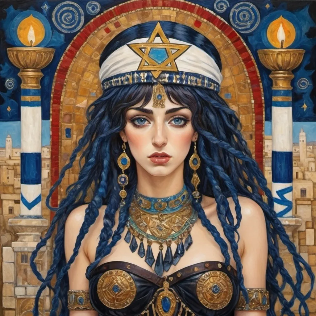 Prompt: elaborate abstract gustav klimt jugend painting, embroided dark blue fringed spiritual jewelry fringes white with jewish symbols on brown skinned mizrahi jewish woman fighting war in striped blue and white fringed modest jewishdresses, magic swords in their hands, warrior women in bandana, leather sandals, menorah star of david swords, golden jewish swords, eyes torah ark covering, fringed striped skirt, smoke and steam coming from pottery ,3 women fighting war and 1 on the ground kissing the earth, , elaborate israeli , eyes, jewish, crystals growing, detailed, standing on in jerusalem hill, turqoise and red sky, ancient soldiers, incense embroided, black jewish stripes clothing and fringes and on women fringes, big columns, in Jerusalem and dead sea, detailed holy valves,, hebrew 3 women fighting war and 1 on the ground kissing the earth fountain jewish symbols, ancient civilization, jewelry, menorah, jewish art, fringes, flowers, cultic, rituals, dead sea view, mikve, fountain, visual illusions, knives laying down, spring pool, sunset, menorah, illusion, knives on the ground, jewish stars, smoke, hypnotic, beauty, gemstones, sculpture, biblical immersion pool, 3 women fighting war elaborate and 1 on the ground kissing the earth, female warrior, praying jews, war battle, swords in ground, mystery, next to the dead sea, landscape view,, in the style of a gustav klimt surealism painting, in the style of gustav klimt vienna surealist painting 
