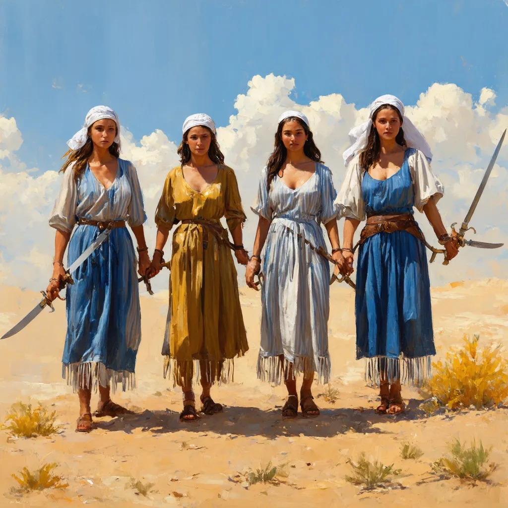 Prompt: 4 olive skin jewish biblical women warriors with a sickle sword in hands, standing on a desert hill, wearing a striped blue, white, gold dress with white fringes, and leather sandals, white bandana headcover, detailed ,19th century European impressionist painting
