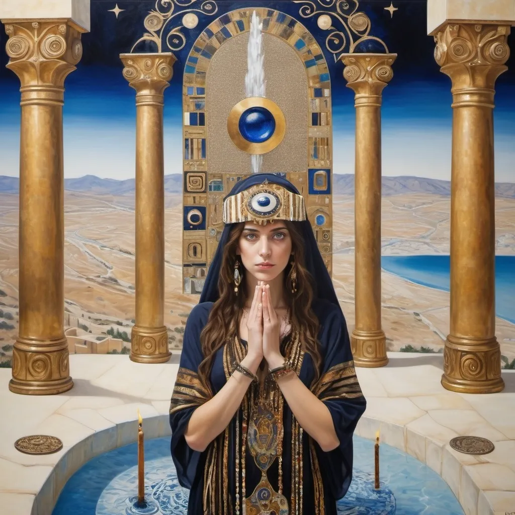 Prompt: elaborate abstract gustav klimt jugend painting, embroided dark blue fringed spiritual jewelry fringes white with jewish symbols on brown skinned mizrahi jewish woman flying, magic fringes bandana snood, leather sandals, golden foot link, eyes torah ark covering, fringed striped skirt, smoke and steam coming from pottery ,alchemist, , elaborate, eyes, jewish, crystals growing, detailed, standing on desert spring, incense embroided, black jewish stripes and fringes and on women fringes, big columns, brown leather , in Jerusalem and dead sea, detailed holy valves,, hebrew crystals, fountain jewish symbols, ancient civilization, jewelry, menorah, jewish art, fringes, flowers, cultic, rituals, dead sea view, mikve, fountain, visual illusions, spring pool, sunny day, menorah, illusion, jewish stars, smoke, hypnotic, gemstones, sculpture, biblical immersion pool, crystals, female warrior, praying jews, pomegranate tree, mystery, next to the dead sea, landscape view,, in the style of a gustav klimt painting, in the style of gustav klimt vienna secession painting
